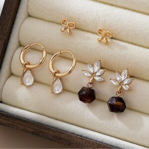 Trio Gold Tone Floral and Drop Earring Set